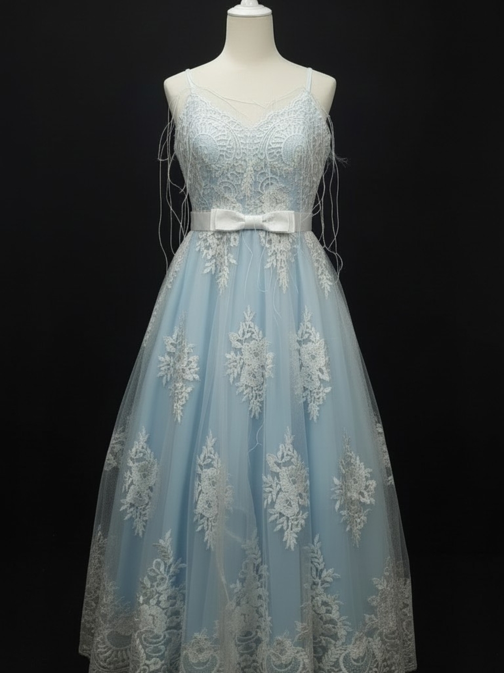 Elegant Light Blue Lace A-Line Dress with Bow